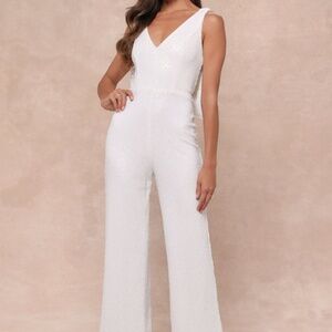 Lulus Feeling Sparkly White Sequin Bow Wide-leg Jumpsuit - Size XXL